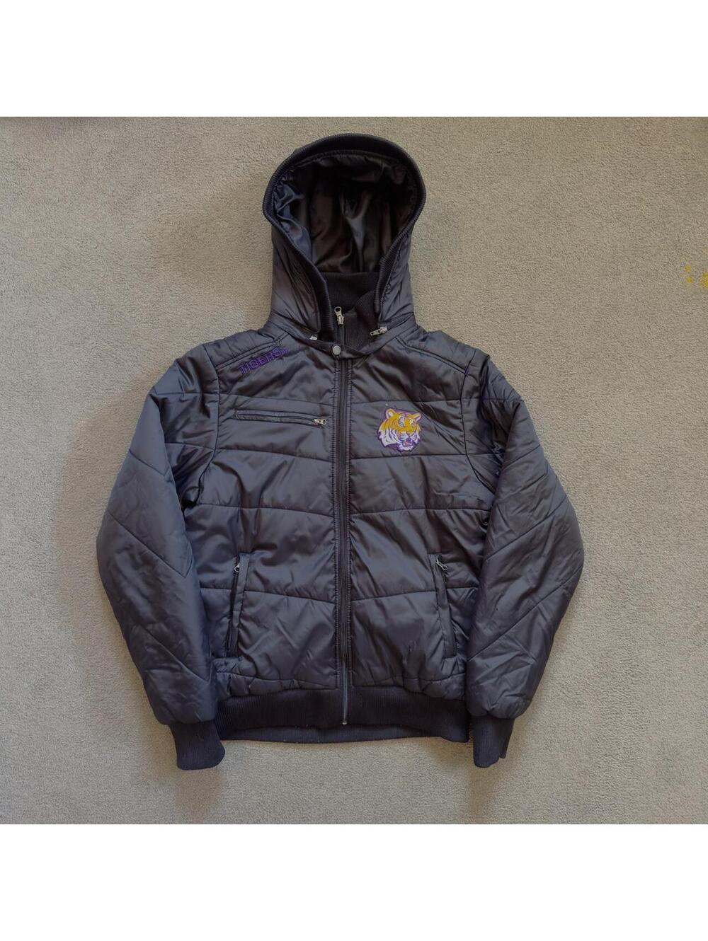 Vintage LSU Tigers College Puffer Jacket with a Removable Hood